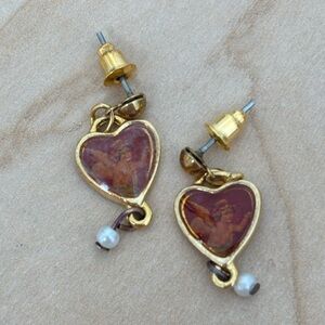 Valentine's Day red heart earrings/ pierced ears only/ faux pearl dangle